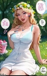 1girls aroma_sensei background bent_wrist big_ass big_breasts blonde_hair blue_eyes breasts busty cake cleavage curvaceous curvy curvy_figure cute cute_face digital_media_(artwork) dress english_text eyebrows eyelashes eyes female female_focus fit fit_female food fully_clothed hair haley_(stardew_valley) hips hourglass_figure human large_breasts legs light-skinned_female light_skin lips long_hair mature mature_female sitting slim slim_waist stardew_valley straight thick thick_legs thick_thighs thighs top_heavy upper_body voluptuous waist wide_hips