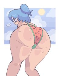 1girls ass ass_focus big_ass bikini bikini_bottom blue_hair blush chubby color female fnf friday_night_funkin friday_night_funkin_mod glasses glassesfetish mob_face oc outdoors simple_background skyverse sweat sweatdrop thick_thighs