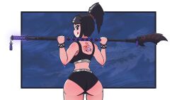 black_hair bra capcom freckles freckles_on_ass freckles_on_face hotpants looking_at_viewer mizu_(mizuxtsune) monster_hunter muscular oc original original_character ponytail sweat tattoo thick thick_ass thick_thighs tongue_out underwear weapon