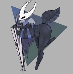 absurd_res aged_up areola armor arthropod_abdomen ass belly big_breasts big_butt bikini blue_areola blush breasts cloak clothing female female_the_knight_(hollow_knight) hi_res hollow_knight leaning_on_object mature_female nail_(weapon) notso00d4terri protagonist_(hollow_knight) rule_63 shoulder_guards shoulder_pads simple_background solo stretch_marks swimwear team_cherry thick_thighs vessel_(species)