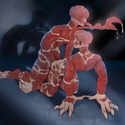 absurd_res after_transformation all_fours anthro brain capcom claws doggy_style duo exposed_muscle female french_kissing from_behind_position hand_on_butt hi_res humanoid inabi invalid_tag kissing licker_(resident_evil) male male/female monster organs penetration red_body red_skin resident_evil sex sharp_teeth teeth vaginal_penetration vaginal_penetration