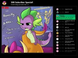 bed colored cub dragon duo female friendship_is_magic furniture green_eyes green_hair hair hasbro hi_res horn male male/female my_little_pony orange_body orange_skin purple_body purple_hair purple_skin sex smolder_(mlp) smooth_skin spike_(mlp) stream_chat streaming stretching tjpones