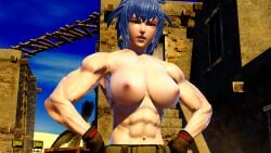 1girls 3d 3d_(artwork) abs areolae bangs belly_button blue_eyes blue_hair breasts busty effineffer eyelashes female female_focus female_only ikari_warriors king_of_fighters large_breasts leona_heidern long_hair looking_at_viewer muscular_female navel night nipples outdoors outside ponytail shiny_skin snk solo sweat topless wet wet_skin