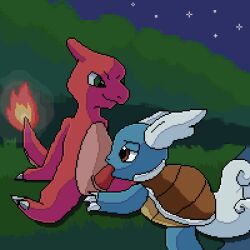 ambiguous_gender animal_genitalia animated anthro blue_eyes brown_eyes charmeleon claws dragon duo fire flaming_tail generation_1_pokemon genitals green_eyes lawealewd male nintendo penis pokemon pokemon_(species) red_body sucking tail wartortle