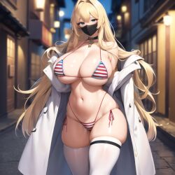 ai_generated alley_queens american american_flag_bikini big_breast bikini blonde_hair blue_eyes choker coat curvy flashing long_hair mask miss_america original thigh_highs voluptuous