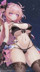 ahoge ai_generated bangs bare_shoulders bikini black_bikini black_gloves black_thighhighs blush breasts brown_thighhighs cameltoe choker cleavage closed_mouth cowboy_shot elf elysia_(honkai_impact) female front-tie_bikini_top front-tie_top gloves hair_ornament highleg honkai_impact_3rd large_breasts long_hair looking_at_viewer multi-strapped_bikini navel night night_sky pink_hair pointy_ears purple_eyes ree0 skindentation sky smile solo star_(sky) starry_sky stomach string_bikini swimsuit thighhighs thighs very_long_hair