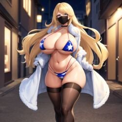 ai_generated alley_queens american american_flag_bikini big_breast bikini blonde_hair blue_eyes choker coat curvy flashing long_hair mask miss_america original thigh_highs voluptuous