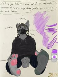 absurd_res anthro canid canine canis clothed clothing drugged feet foot_fetish foot_focus footwear gas_mask goldi_(the_g0lden_0ne) graffiti hi_res hoodie male mammal mask one_sock_on paint pawpads piercing sitting sniffing sock_sniffing socks solo spray_paint substance_intoxication the_g0lden_0ne topwear torn_clothing wolf