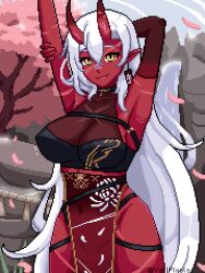 akumi female oni oni_horns pixel_art red_skin scars virtual_youtuber vyugen white_hair yellow_eyes