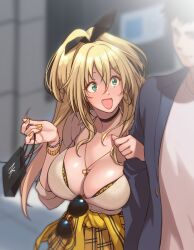 1boy 1girls arm_lock big_breasts blonde_hair blush bracelet bracelets breasts breasts_pressed_against_partner cleavage commander_(nikke) cute_fang female goddess_of_victory:_nikke green_eyes gyaru hair_ornament hair_ribbon jacket_around_waist long_hair male necklace on_da3 open_mouth painted_nails rupee_(nikke) shopping_bag skirt sunglasses sunglasses_removed tan tan-skinned_female tan_skin tanned_female tanned_skin wholesome