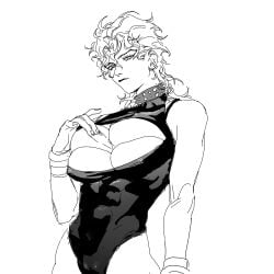 1girls ashva bracelet breasts collar dio_brando earrings female female_dio genderswap_(mtf) humanoid jewelry jojo's_bizarre_adventure large_breasts leotard long_hair looking_at_viewer monochrome multi_breast pussy rule_63 solo spiked_collar spikes stardust_crusaders toned_female vampire villainess