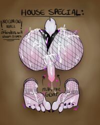 anthro asriel_dreemurr ass balls blush bodily_fluids bovid caprine clothing cum cum_on_balls cum_on_butt cum_on_feet cum_on_penis feet fishnet genital_fluids genitals glistening glistening_body goat heart hi_res hole_in_wall humanoid_feet latex male mammal nsfwbunniii penis plantigrade rubber rubber_clothing rubber_suit shaking solo tail text through_wall toe_curl toes trembling undertale undertale_(series)