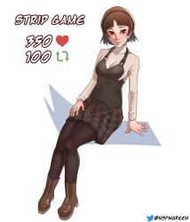 1girls boots brown_hair greencash nsfwgreen pantyhose red_eyes skirt strip_game undressing vest