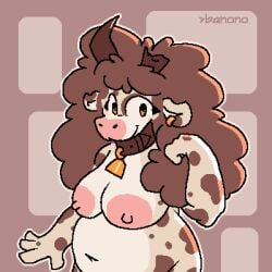 aku(character) anthro areola banono bell bell_collar belly big_areola bovid bovine broken_horn cattle collar curled_hair ear_piercing female hair horn low_res mammal piercing solo solo_focus