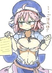 1girls 2021 barrette blush breasts breasts_out embarrassed female female_only green_eyes hat japanese_text matsu_kitsune navel nipples okunoda_miyoi open_clothes open_shirt paper partially_clothed pink_hair short_hair tape text touhou