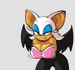 1girls 2d 2d_(artwork) bat_ears bat_girl bat_wings big_breasts bouncing_breasts breasts cleavage female female_only gray_background green_eyes mobian mobian_(species) mobian_bat pseudocel rouge_the_bat sega sonic_(series) sonic_adventure_2 sonic_the_hedgehog_(series)