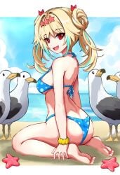 blonde_hair endou_lily hair_bun heroine looking_at_viewer red_eyes seagull sedai_one smile swimsuit virtual_youtuber vtuber