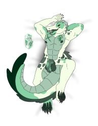 2023 absurd_res alligator alligatorid anthro arcadeafterdark balls body_pillow_design circumcised colored crocodilian dakimakura_design digital_media_(artwork) erection front_view genitals green_body green_skin hi_res hybrid looking_at_viewer male mock_(aad) nipples nude open_mouth penis reptile scalie simple_background smile solo tail teeth tongue