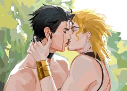 2boys ashva black_hair blonde_hair blood blood_on_face bracelet dio_brando earrings fangs gay green_lips jewelry jojo's_bizarre_adventure jotaro_kujo kissing long_hair male male/male male_focus multiple_boys outdoors red_eyes short_hair stardust_crusaders vampire yaoi