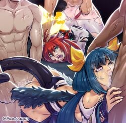 2girls 3boys arc_system_works blue_eyes crying crying_with_eyes_open cum_bubble cum_in_mouth cum_inside defeated dizzy_(guilty_gear) gangbang gangrape green_eyes guilty_gear halo holding_head interracial jack-o'_valentine mother_and_daughter muscular_male netorare oyakodon panteon013 parent_and_child rape red_eyes red_hair rough_sex scratching spitroast tail tail_grab torn_bodysuit torn_clothes wings