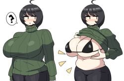 1girls ahoge big_breasts black_hair borrowed_character bra cleavage clothed_female lifting_shirt light-skinned_female notnoe_(dxcl) question_mark short_hair someone_else's_oc sweater sweater_lift tae_(littlej) thick_thighs thighs white_background