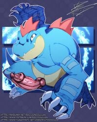 anthro big_penis biped blue_body claws countershade_face countershading erection feraligatr generation_2_pokemon genitals knot nintendo penis pokemon pokemon_(species) raccoondouglas scalie solo tail text url vein veiny_penis