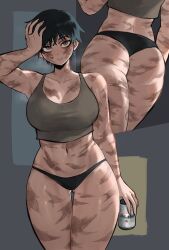 1girls absurdres alcohol asahi_breweries ass beer beer_can black_panties burn_scar can commentary drink_can english_commentary female female_only from_behind green-haired_female green_hair highres holding holding_can jujutsu_kaisen multiple_scars muscular muscular_female panties sagaandersart scar scar_on_arm scar_on_back scar_on_breasts scar_on_leg scars_all_over short_hair solo too_many underwear zen'in_maki zenin_maki