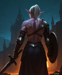 ai_generated armor artas9972 back elf elf_ears elf_female gloves ponytail shield shoulder_pads solo sword