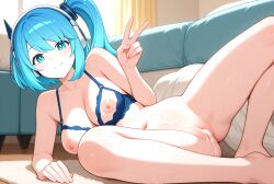 ai_generated bare_legs blue_eyes blue_hair bra breasts cum_on_body cumming lingerie love mega_man mega_man_x_dive nipples ponytail rico_(mega_man) sexy sexy_body sexy_pose short_hair