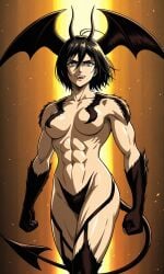 1girls abs ai_generated antennae attack_on_titan barefoot bat_wings black_fur black_hair blue_eyes claws crossover demon_girl demon_tail demon_wings devilman devilman_lady fit_female fur head_wings looking_at_viewer medium_breasts mikasa_ackerman muscular_arms muscular_female muscular_thighs shingeki_no_kyojin short_hair six_pack smile smiling smiling_at_viewer standing tomboy