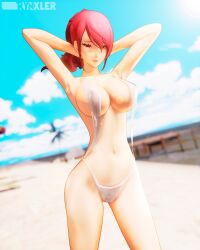 1girl 2026 3d 3d_(artwork) atlus beach big_breasts bra breasts clouds dock mini_bikini mitsuru_kirijo nipples_visible_through_clothing panties partially_clothed persona_3 persona_3_fes persona_3_reload pose red_eyes red_hair rynxler sand sea sky watermark