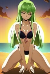 ai_generated bikini black_bikini c.c. clothed clothed_female code_geass duderu_vanilla female female_only green_hair kneeling swimsuit yellow_eyes