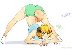 blonde_hair caprine curled_horn curled_horns femboy green_bottomwear green_eyes horn horns jackochallenge keiran_tracey keiran_tracey_(character) solo tokifuji