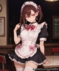 absurd_res ai_generated alternate_version_at_source alternate_version_available female female_focus hi_res highres ozziru patreon self_upload uncensored momo_ayase ayase_momo dandadan anime anime_style anime_girl anime_screencap maid maid_headdress maid_uniform maid_outfit maid_apron apron enmaided schoolgirl teenager teenage_girl teenage_female teen aged_up aged_up_character restaurant diner dark_background indoors indoor indoors_sex cute cute_face sexy sexy_female seductive seductive_look seductive_eyes frills brown_hair red_eyes medium_breasts medium_hair hair_between_eyes ahoge crossed_bangs asymmetrical_hair twintails short_twintails cafe table solo solo_focus solo_female standing twirling_hair looking_at_viewer looking_pleasured seductive_pose