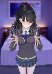 1girl 777nasu absurdres black_hair black_skirt blue_necktie blurry blurry_background blush commentary_request cowboy_shot grey_jacket half_updo highres holding holding_panties holding_underwear holding_unworn_clothes idolmaster idolmaster_shiny_colors indoors jacket kazano_hiori lace-trimmed_panties lace_trim looking_at_viewer miniskirt mole mole_under_mouth necktie nose_blush panties plaid_clothes plaid_skirt pleated_skirt presenting_removed_panties purple_eyes purple_panties pussy_juice_stain school_uniform skirt solo striped_clothes striped_necktie sweat sweater underwear unworn_panties yellow_sweater