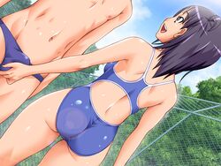 ass back banana_hammock bare_shoulders blue_eyes blue_hair blue_speedo bulge caressing_testicles chainlink_fence chest clothed_erection clothed_sex clothes cloud competition_swimsuit complets crotch_grab crotch_rub erection eye_contact female fence from_behind game_cg hair happy_sex hips juicy_age kamei_shizu legs lens_flare looking_at_another lowleg male naughty_face navel nipples one-piece_swimsuit outdoors penis ponytail public purple_hair rub schoolgirl shiny shiny_clothes shiny_hair shiny_skin shirtless short_hair side_ponytail skin_tight sky smile speedo standing swimsuit thighs tied_hair tree