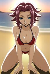 1girls ai_generated beach bikini blue_eyes breasts clothed clothed_female code_geass duderu_vanilla female female_only kallen_stadtfeld kneeling kouzuki_kallen looking_at_viewer red_bikini red_hair solo swimsuit