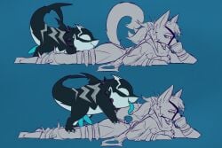 2_penises animal_genitalia animal_humanoid animal_penis anthro anthro_on_feral bigfishyfishy blue_genitals blue_insides breasts canid canid_demon canid_humanoid canine canine_humanoid claws clothing cunnilingus curled_tail demon duo ears_up eyelashes feet female feral fin fur genitals hair happy hell hellaverse hellhound helluva_boss hemipenes hi_res horn humanoid jeff_the_land_shark land_shark_(species) loona_(helluva_boss) lying male male/female malice_loona_(mangakitsune2) mammal mammal_humanoid marvel marvel_rivals monochrome multi_genitalia multi_penis mythological_canine mythological_creature mythology on_front oral penis sex shark_tail simple_background slit_penis smile spikes symbiote tail tail_motion tailwag toes tongue tongue_out vaginal_penetration wolf_humanoid zoophilia