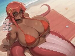 1girls 2026 ai_generated areola_slip areolae beach big_breasts bikini bikini_top black_body blush bottomless breasts caption edit edited female female_focus female_only floating_heart from_above high_resolution highres lamia lips long_hair looking_at_viewer miia_(monster_musume) monster_girl monster_musume_no_iru_nichijou naga nail_polish nipples ocean pointy_ears pussy red_hair sea self_upload shadyfox sitting snake_tail solo stable_diffusion sunglasses yellow_eyes