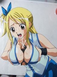 artist_request blonde_hair blush bow breast_squeeze breasts brown_eyes cleavage cum cum_in_mouth cum_on_body cum_on_breasts cum_on_tongue cum_on_upper_body dark-skinned_male ejaculation erect_nipples facial fairy_tail female hasamimushi high_resolution human lucy_heartfilia male paizuri penis photo_(medium) scissor_insect straight tear tongue uncensored