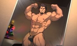 1boy abs armpits arms_up ass_visible_through_thighs bara beard beefy biceps big_areola big_bulge big_hands breasts brown_eyes brown_hair bulge bulge_through_clothing christmas_tree clenched_hand collarbone daddy dilf dutch_angle eight_pack frown g-string gay grin hesoten hi_res hunk indoors looking_at_viewer male male_only manly mature_male mirror mirror_reflection muscles muscular muscular_arms muscular_legs muscular_male muscular_neck muscular_thighs navel no_body_hair original original_character pecs pose posing quadriceps short_hair shunta shunta_(syunta_87) six_pack solo standing syunta_87 thick thick_arms thick_eyebrows thick_legs thick_thighs thong topless tough_guy triceps v-shaped_eyebrows veiny_arms yaoi