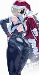 1girls ass ass_focus bare_shoulders blonde_hair breasts christmas evelyn_chevalier female female_only from_behind gloves hair_bun hair_over_one_eye hat highres jacket large_breasts pants santa_hat short_hair sideboob solo tight_clothes tight_pants uenoryoma unworn_jacket zenless_zone_zero