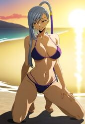 1girls ai_generated bikini clothed clothed_female code_geass duderu_vanilla female kneeling purple_bikini silver_hair solo swimsuit villetta_nu yellow_eyes