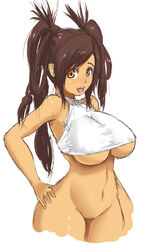 breasts brown_hair curvy erect_nipples hand_on_hip hips homura huge_breasts navel open_mouth pussy sketch sleeveless tied_hair twin_braids twintails underboob wide_hips yellow_eyes