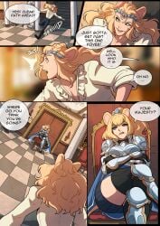 1boy 1girls angry blonde_hair blue_eyes cape chair clothed_male comic escape gold_eyes king kinkymation light-skinned_female light-skinned_male lion lion_boy lion_ears lion_girl lion_tail lioness original original_character palace short_skirt stairs thigh_gap