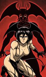 1girls abs ai_generated antennae attack_on_titan barefoot bat_wings black_hair blue_eyes claws crossover demon_girl demon_tail demon_wings devilman devilman_lady fit_female fur head_wings looking_at_viewer medium_breasts mikasa_ackerman muscular_arms muscular_female muscular_thighs possession shadow shingeki_no_kyojin short_hair squatting tomboy