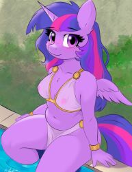 alicorn anthro blush chest_tuft clothing equid equine female friendship_is_magic grass hair hasbro horn long_hair looking_at_viewer mammal my_little_pony mythological_creature mythological_equine mythology navel nipples plant poolside princess_twilight_sparkle_(mlp) riley_draws solo swimwear translucent translucent_clothing tuft twilight_sparkle_(mlp) wings