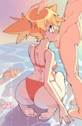 1boy ass back barefoot beach bikini blue_eyes blush breasts clothed_female_nude_male clothing cum cum_in_mouth deepthroat feet fellatio female from_behind hair_tie hand_on_another's_head head_grab huge_ass irrumatio kasumi_(pokemon) large_ass looking_back looking_up male nude ocean oral orange_hair outdoors penis pokemon ponytail red_bikini rolling_eyes rtil sand seashell shell short_hair side_ponytail sitting soles solo_focus squatting standing straight swimsuit testicles thick_ass toes water