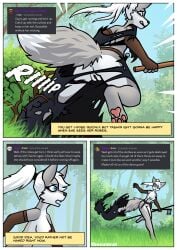 absurd_res accident accidental_exposure anthro anus axe blue_eyes border breasts canid canine clothed clothing comic dark_clothing detailed_background embarrassed embarrassing_exposure embarrassing_nudity english_text fantasy feet female fox fur genitals gloves gloves_only grey_body grey_fur hair handwear handwear_only hi_res hindpaw long_hair low-angle_view mammal melee_weapon mostly_nude mostly_nude_anthro mostly_nude_female nipples open_mouth outside partially_clothed partially_clothed_anthro partially_clothed_female pawpads paws plant robe running shrub solo sound_effects story sylvia_(thecumrat) tail text thecumrat thorns torn_clothing torn_robe tree vulva wardrobe_malfunction weapon white_body white_border white_fur white_hair