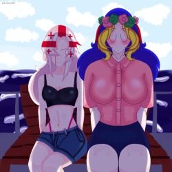 2girls artist_name artist_request artist_signature black_topwear bleeding_nose blue_hair blush countryhumans countryhumans_girl dressed fair_skin flower_crown georgia_(countryhumans) jeans_shorts jeans_skirt kei_chan_pizdec pink_shirt safe_for_work sfw tagme ukraine_(countryhumans) white_eyes white_hair yellow_hair yuri